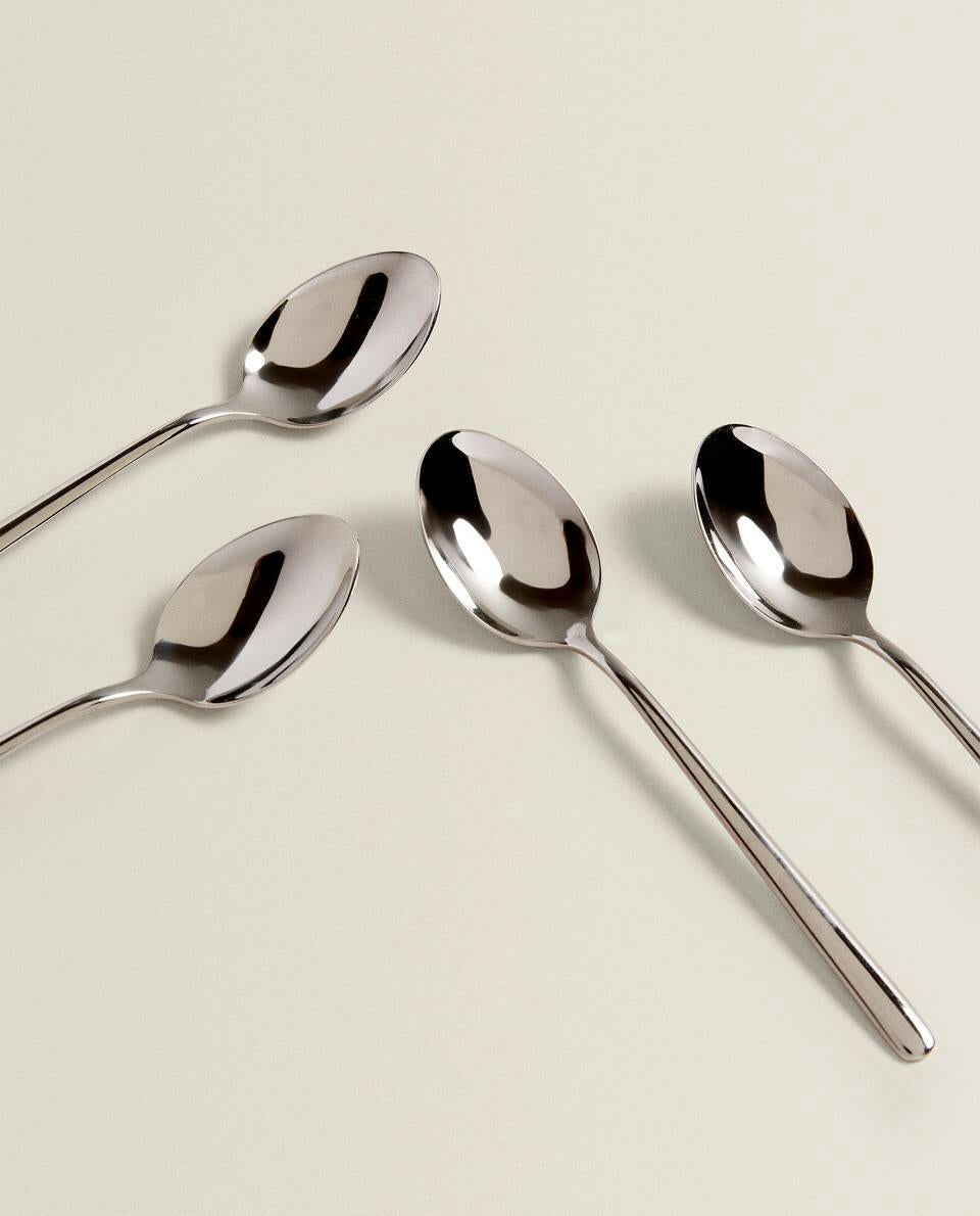 BOX OF 4 SHINY STEEL DESSERT SPOONS