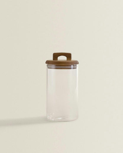 BOROSILICATE GLASS AND WOOD STORAGE JAR