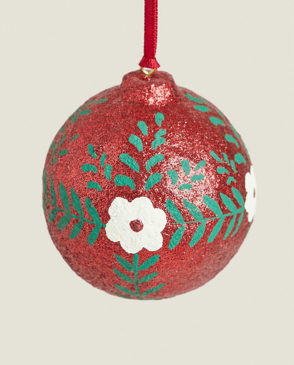 GLITTER FLORAL BALL CHRISTMAS DECORATION
