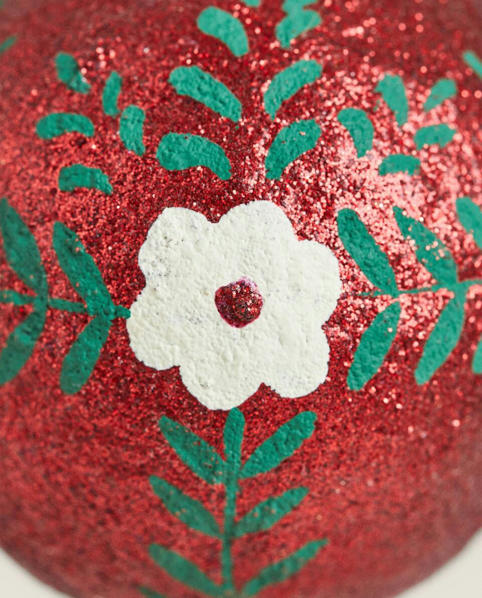 GLITTER FLORAL BALL CHRISTMAS DECORATION