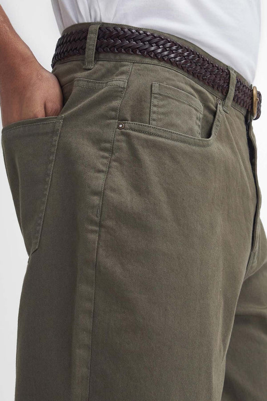 Washed Stretch Regular Trousers - OLIVE